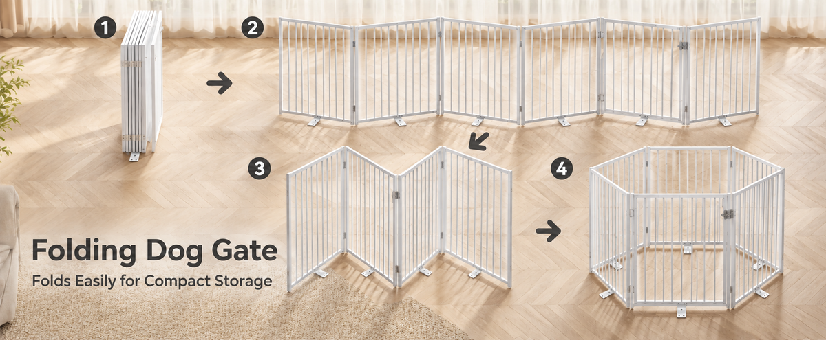folding dog gate arranged in a Z shape across a hallway
