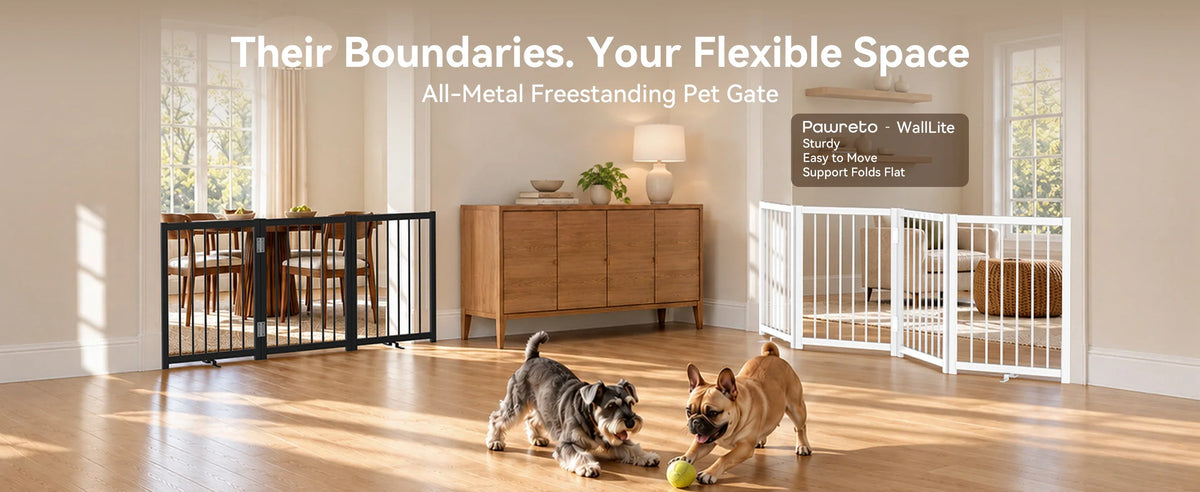 Indoor dog fence dividing a modern living room while a dog rests behind the gate