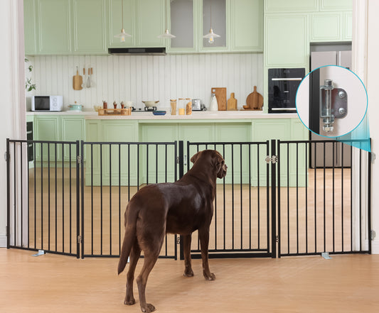No Pawblems Dog Gate with Door, 30" Tall Foldable Dog Fence, Up to 104" Extra Wide Puppy Gate for Stairs