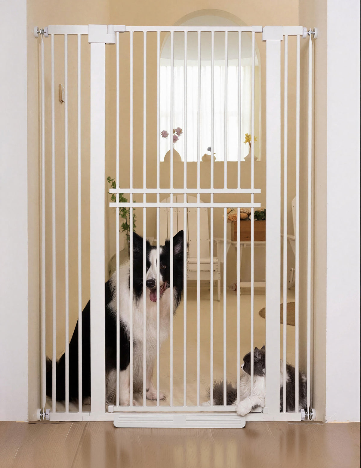 Pawreto Dog Gate With Car Door installed in doorway, safely containing dog and cat in home setting