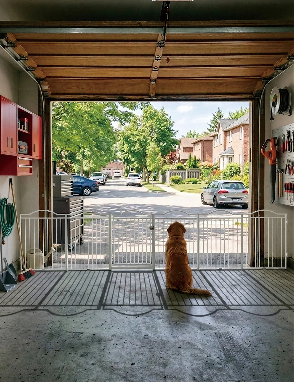 White Pawreto extra-wide garage dog gate spanning an open garage with a built-in walk-through door
